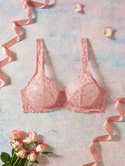 Elorette Pink Underwire Comfy Balconette Push-Up Lace Patchwork Floral Pattern Romantic Pastoral Plus Size Bra