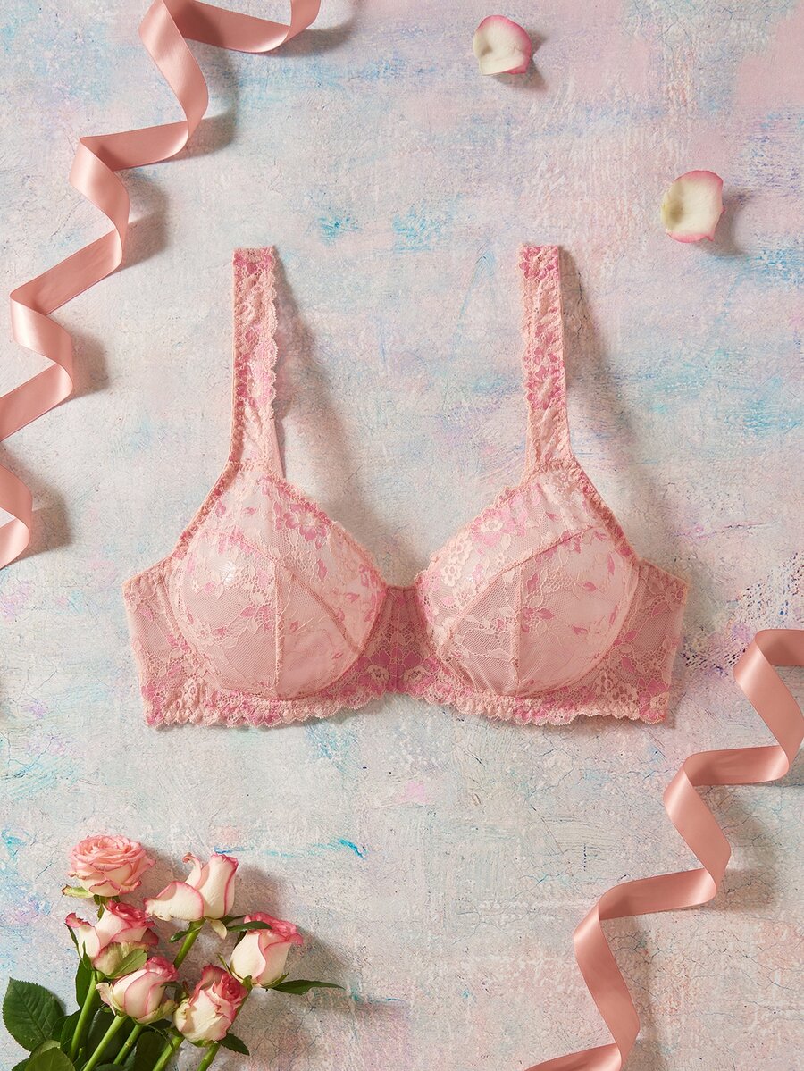 Elorette Pink Underwire Comfy Balconette Push-Up Lace Patchwork Floral Pattern Romantic Pastoral Plus Size Bra - Pink - View 1