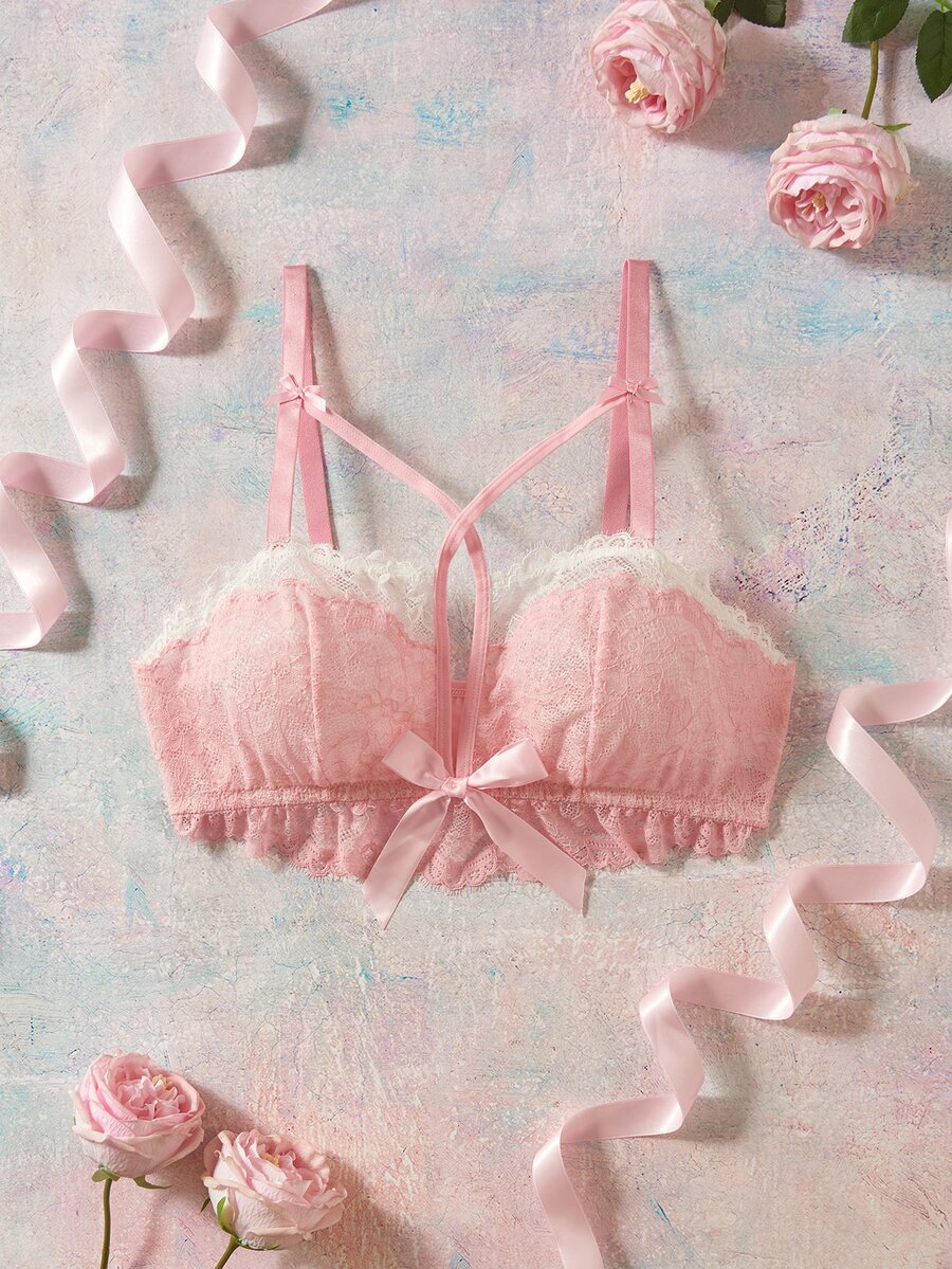 Elorette حمالة صدر وردية بدون حشوة بتصميم دانتيل مرقع وفيونكة وطبقة مزدوجة وخطوط متقاطعة وقصة قلب منخفضة رومانسية وأنيقة للمقاسات الكبيرة - وردي - مشاهدة 1