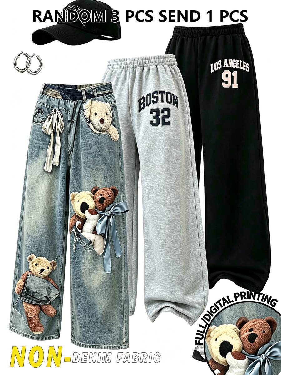 1 Random Piece Tween Girls Wide Leg Digital Leopard Print Sweatpants, Casual Comfortable For Autumn/Winter, Knit,  Loose, Back To School,Butterfly - Multicolor - View 1