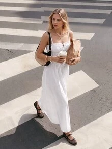 Ciel Poise Women Dress Waist Cinching Maxi Cotton Linen Spaghetti Strap Drawstring Shirred Cut-Out French White Textured Summer Brunch Vacation European - White - View 3