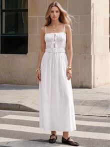 Ciel Poise Women Dress Waist Cinching Maxi Cotton Linen Spaghetti Strap Drawstring Shirred Cut-Out French White Textured Summer Brunch Vacation European - White - View 4