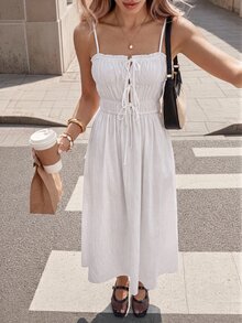 Ciel Poise Women Dress Waist Cinching Maxi Cotton Linen Spaghetti Strap Drawstring Shirred Cut-Out French White Textured Summer Brunch Vacation European - White - View 2