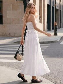 Ciel Poise Women Dress Waist Cinching Maxi Cotton Linen Spaghetti Strap Drawstring Shirred Cut-Out French White Textured Summer Brunch Vacation European - White - View 6