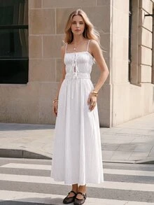 Ciel Poise Women Dress Waist Cinching Maxi Cotton Linen Spaghetti Strap Drawstring Shirred Cut-Out French White Textured Summer Brunch Vacation European - White - View 7