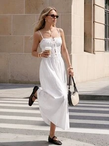 Ciel Poise Women Dress Waist Cinching Maxi Cotton Linen Spaghetti Strap Drawstring Shirred Cut-Out French White Textured Summer Brunch Vacation European - White - View 1