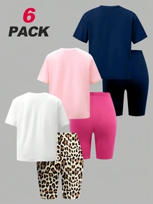 SHEIN Sparklyn 6件套女童柔软T恤套装，夏季休闲上衣，街头时尚，蝴蝶结，25种图案，豹纹印花，多色运动裤，宽松短袖T恤，修身骑行裤，白色上衣 - 彩色 - 查看 2
