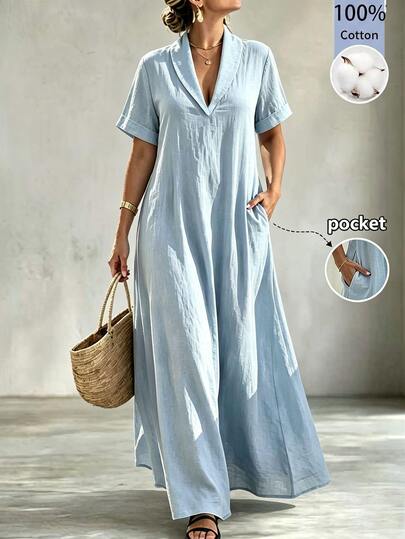 Linhara CURVE Plus Size Women's Pure Cotton Lapel V-Neck Short Sleeve Loose Comfortable Versatile Casual Traditional Dress Vacation Light Blue Summer