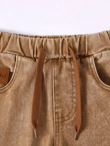 SHEIN Casual Elastic Waistband Adjustable Drawstring Versatile Solid Color Slim Fit Stretch Skinny Jeans, Suitable For Young Boys, Students, Campus, University Wear - Brown - View 5