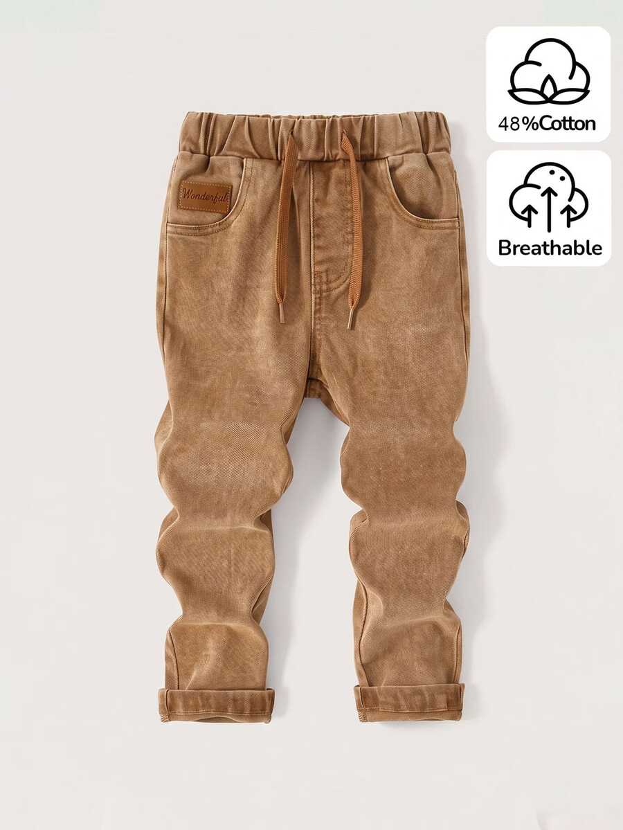 SHEIN Casual Elastic Waistband Adjustable Drawstring Versatile Solid Color Slim Fit Stretch Skinny Jeans, Suitable For Young Boys, Students, Campus, University Wear - Brown - View 1