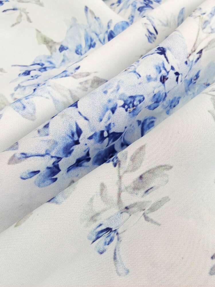 Cévolie 女士时尚休闲优雅浪漫度假印花纽扣连衣裙 - 藍色 - 查看 8