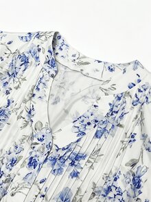 Cévolie 女士时尚休闲优雅浪漫度假印花纽扣连衣裙 - 藍色 - 查看 6