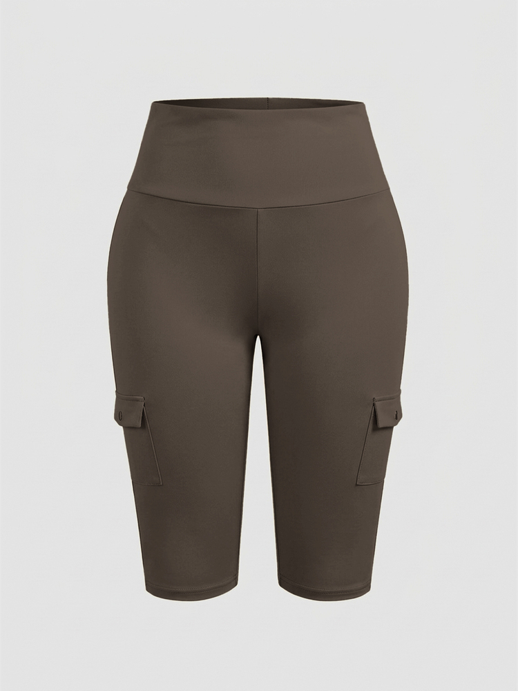 EMERY ROSE Plus Size Women's 3/4 Length Casual Sports Everyday Pants With Cinching Waist And Pocket Decor - Brown - View 3