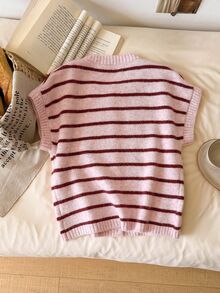 Story & Sage Women's Fashion Pink Stripe Contrast Color Single-Breasted Knit Top Brunch Autumn Preppy Cute - Pink - View 3