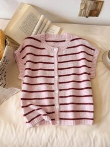 Story & Sage Women's Fashion Pink Stripe Contrast Color Single-Breasted Knit Top Brunch Autumn Preppy Cute - Pink - View 2