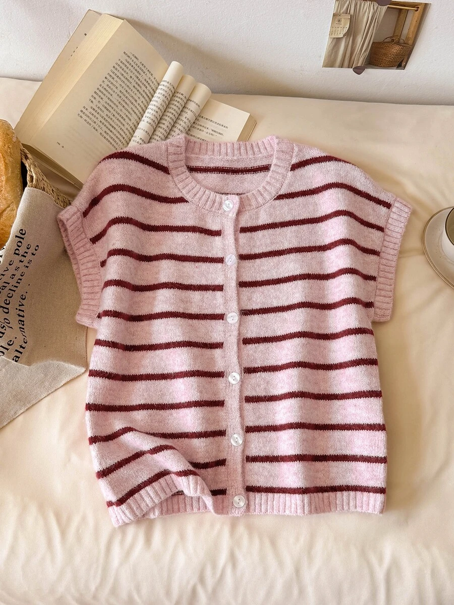 Story & Sage Women's Fashion Pink Stripe Contrast Color Single-Breasted Knit Top Brunch Autumn Preppy Cute