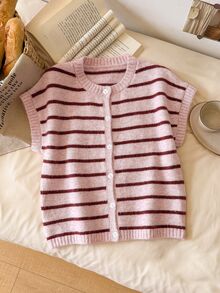 Story & Sage Women's Fashion Pink Stripe Contrast Color Single-Breasted Knit Top Brunch Autumn Preppy Cute - Pink - View 6