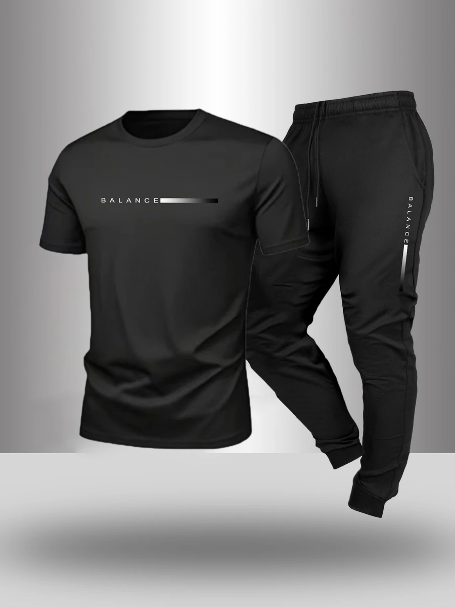 Gym Rark Men's Letter Print T-Shirt And Pants Sports Suit, Gym - Black - View 1