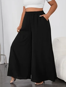 Shapeblank Plus Solid Slant Pocket Wide Leg Pants Fall - Black - View 5