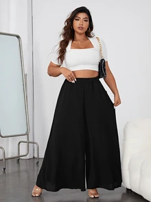 Shapeblank Plus Solid Slant Pocket Wide Leg Pants Fall - Black - View 7