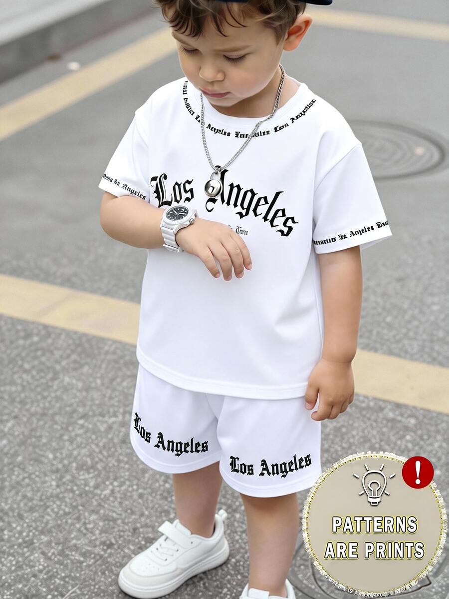 2pcs Baby Boy Street Style English Letter Print Set, Suitable For Outings In Summer