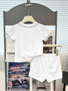 2pcs Baby Boy Street Style English Letter Print Set, Suitable For Outings In Summer - Multicolor - View 3