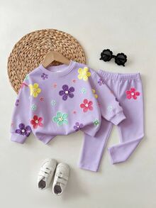 SHEIN Young Girl Crew Neck 3D Floral Decor Long Sleeve Sweatshirt And Sweatpants Set Back-To-School School Winter - Multicolor - View 3