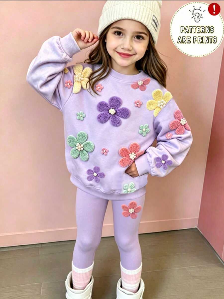 SHEIN Young Girl Crew Neck 3D Floral Decor Long Sleeve Sweatshirt And Sweatpants Set Back-To-School School Winter - Multicolor - View 1