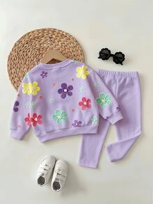 SHEIN Young Girl Crew Neck 3D Floral Decor Long Sleeve Sweatshirt And Sweatpants Set Back-To-School School Winter - Multicolor - View 4