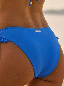 Aralina Summer Resort Vacation Beach Western Gingham Ruffle Triangle Bikini Set With Swim Bag - Royal Blue - View 11