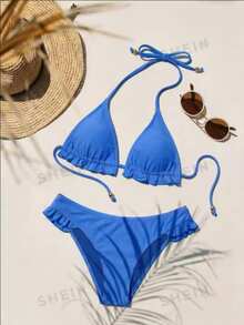 Aralina Summer Resort Vacation Beach Western Gingham Ruffle Triangle Bikini Set With Swim Bag - Royal Blue - View 6