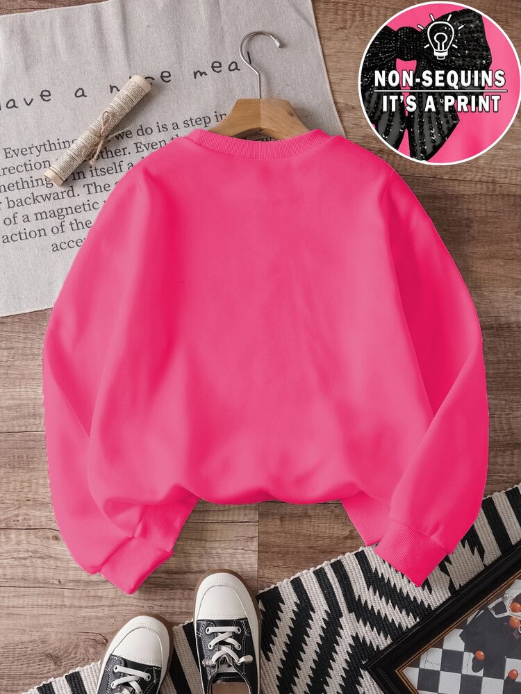 Young Girls' Casual Comfortable Fashion Minimalist Cute Faux Sequins Bow Graphic Thermal Lined Crew Neck Pullover Sweatshirt, Pink Autumn School - Hot Pink - View 2