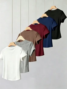 SHEIN 1 Pc Random Female Teen Short T-Shirt White Black Grey Jujube Red Hidden Blue Brown Daily Basic Vers - Multicolor - View 2
