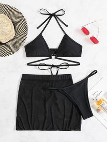 SHEIN Swim Summer Beach Solid Halter Thong Bikini Set & Beach Skirt 3 Pieces Bikini Set - Black - View 7