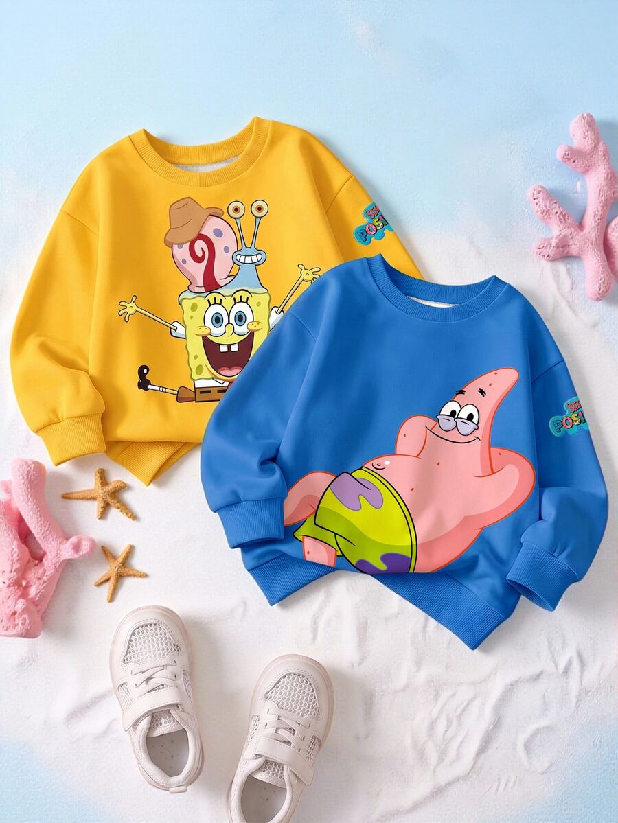 SpongeBob SquarePants | SHEIN 小男孩卡通印花圓領休閒日常長袖運動衫 - 彩色 - 查看 1