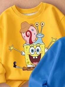 SpongeBob SquarePants | SHEIN 小男孩卡通印花圓領休閒日常長袖運動衫 - 彩色 - 查看 3