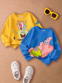 SpongeBob SquarePants | SHEIN 小男孩卡通印花圓領休閒日常長袖運動衫 - 彩色 - 查看 5