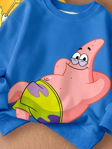 SpongeBob SquarePants | SHEIN 小男孩卡通印花圓領休閒日常長袖運動衫 - 彩色 - 查看 4