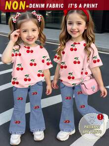 Elladie kids 春夏女童休闲时尚创意个性清新简约可爱夏季粉色水果樱桃印花休闲T恤和喇叭裤套装，舒适日常穿着，适合春、夏、秋季穿着。 - 彩色 - 查看 4