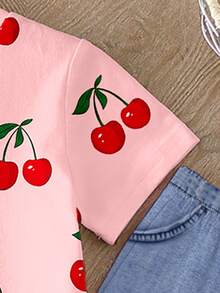 Elladie kids 春夏女童休闲时尚创意个性清新简约可爱夏季粉色水果樱桃印花休闲T恤和喇叭裤套装，舒适日常穿着，适合春、夏、秋季穿着。 - 彩色 - 查看 5