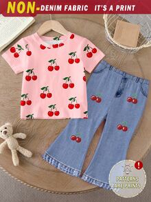 Elladie kids 春夏女童休闲时尚创意个性清新简约可爱夏季粉色水果樱桃印花休闲T恤和喇叭裤套装，舒适日常穿着，适合春、夏、秋季穿着。 - 彩色 - 查看 3