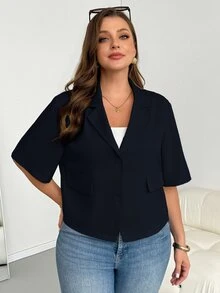 Shapeblank Plus Size Women Solid Color Casual Daily Blazer - Navy Blue - View 9