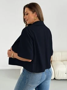 Shapeblank Plus Size Women Solid Color Casual Daily Blazer - Navy Blue - View 3