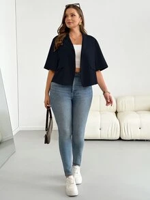 Shapeblank Plus Size Women Solid Color Casual Daily Blazer - Navy Blue - View 7