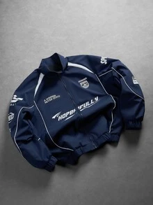 Manfinity EMRG Men's Printed Casual Long Sleeve Outdoor Windbreaker Jacket, Long Sleeve Racing Jacket - Navy Blue - View 3