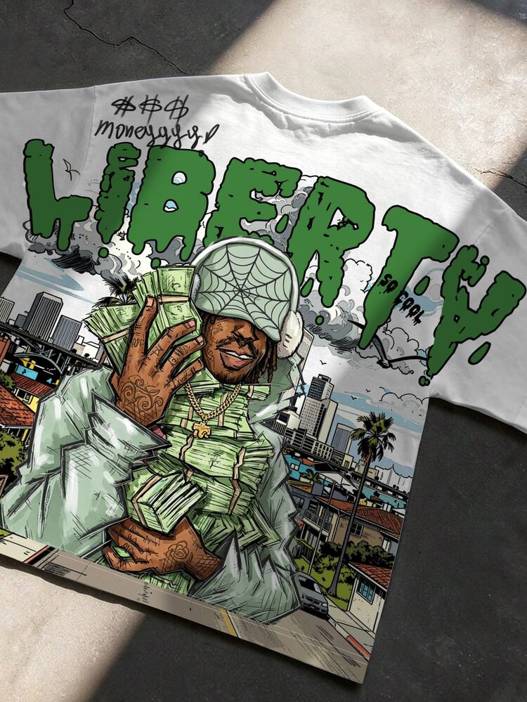 NEOSTRIT 男士美式街頭風短版T恤，白色底色＋綠色「Liberty」嘻哈角色與金錢印花，千禧復古風短袖上衣，圓領休閒版型，適合派對、演唱會、外出穿著 - 彩色 - 查看 2