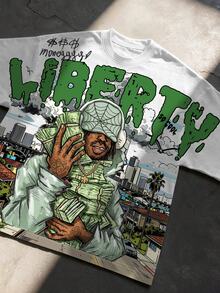 Manfinity EMRG Men's American Street Style Short T-Shirt, White Base + Green "Liberty" Hip-Hop Character & Money Print, Millennium Vintage Style Short Sleeve Top, Crew Neck Casual Fit, Suitable For Parties, Concerts, Outings - Multicolor - View 3