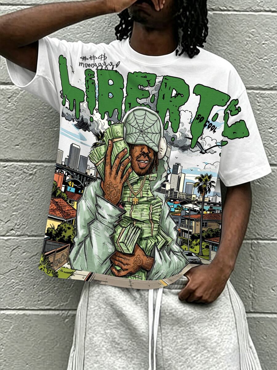 Manfinity EMRG Men's American Street Style Short T-Shirt, White Base + Green "Liberty" Hip-Hop Character & Money Print, Millennium Vintage Style Short Sleeve Top, Crew Neck Casual Fit, Suitable For Parties, Concerts, Outings - Multicolor - View 1
