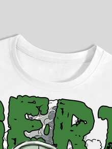 Manfinity EMRG Men's American Street Style Short T-Shirt, White Base + Green "Liberty" Hip-Hop Character & Money Print, Millennium Vintage Style Short Sleeve Top, Crew Neck Casual Fit, Suitable For Parties, Concerts, Outings - Multicolor - View 4