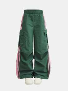 Tween Girl Elastic Waist Colorblock Casual Daily Cargo Pants, Fall, Autumn, Winter, Graphic, Back To School, School, Outfit - Multicolor - View 4